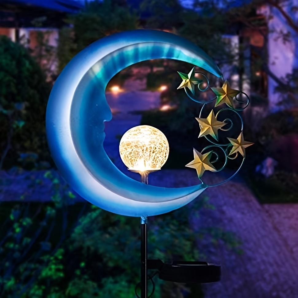 Solar Outdoor Lights Garden Decor, Iron Art, Blue Moon, Star Ground, Outdoor Waterproof Patio Decor Pathway Landscape Lights