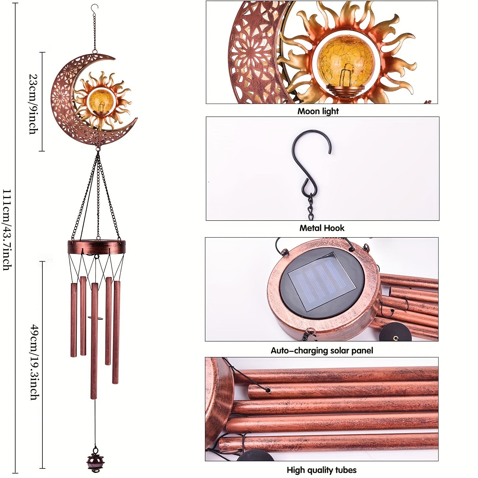Solar Wind Chimes Outdoor Garden Decorative Wind Chime Light With Cracked Ball-Waterproof Metal LED Hanging Chime Decor (Moon & Sun)