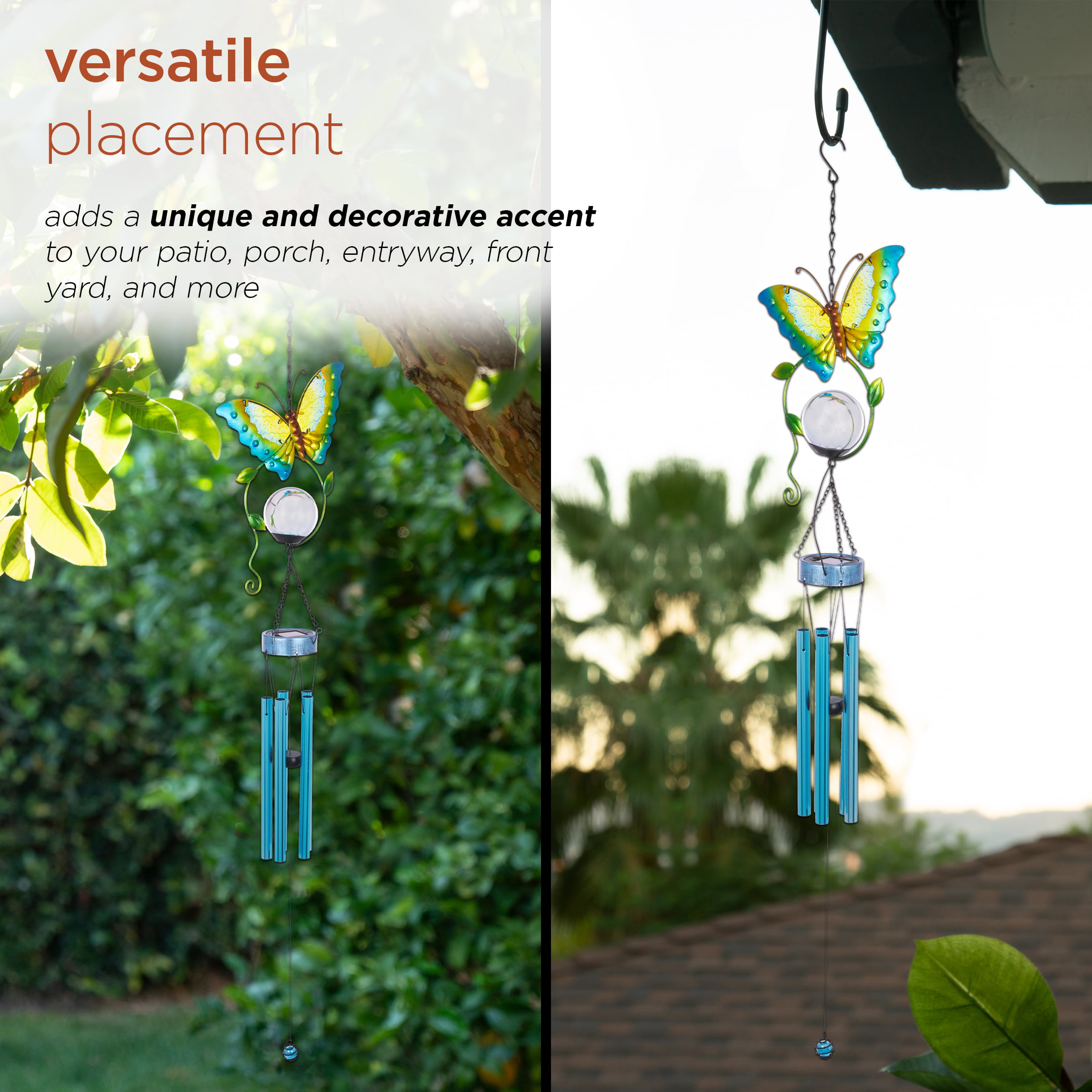 44" Hanging Outdoor Butterfly Metal Wind Chime, Solar-Powered LED