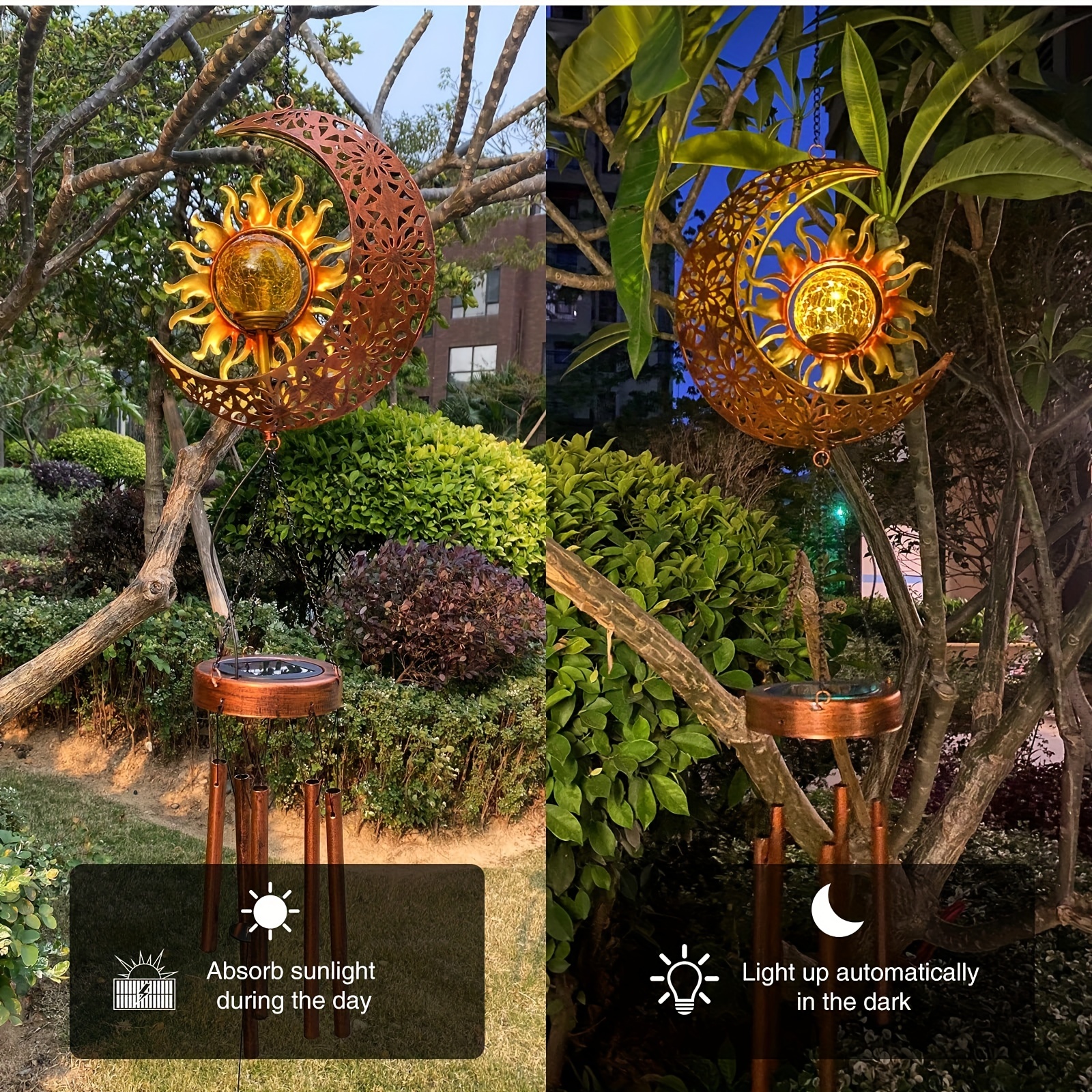 Solar Wind Chimes Outdoor Garden Decorative Wind Chime Light With Cracked Ball-Waterproof Metal LED Hanging Chime Decor (Moon & Sun)