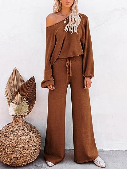 Ekouaer Knit Lounge Sets for Women 2 Piece Cozy Long Sleeve Pullover Sweater Top and Wide Leg Pants Set Pajamas Outfits