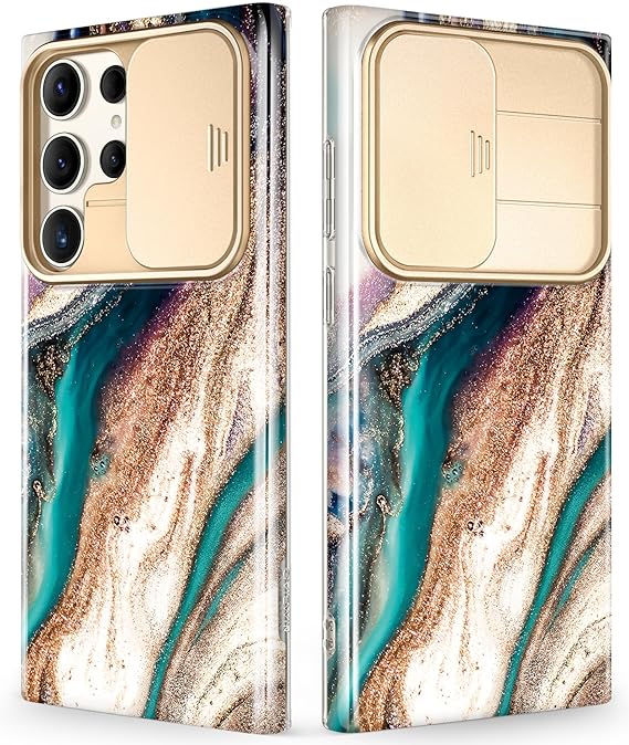 Samsung Galaxy S24 Ultra Case with Slide Camera Cover+Screen Protector, [Military Grade Shockproof] Marble Protective Phone Case for S24 Ultra 5G 6.8"