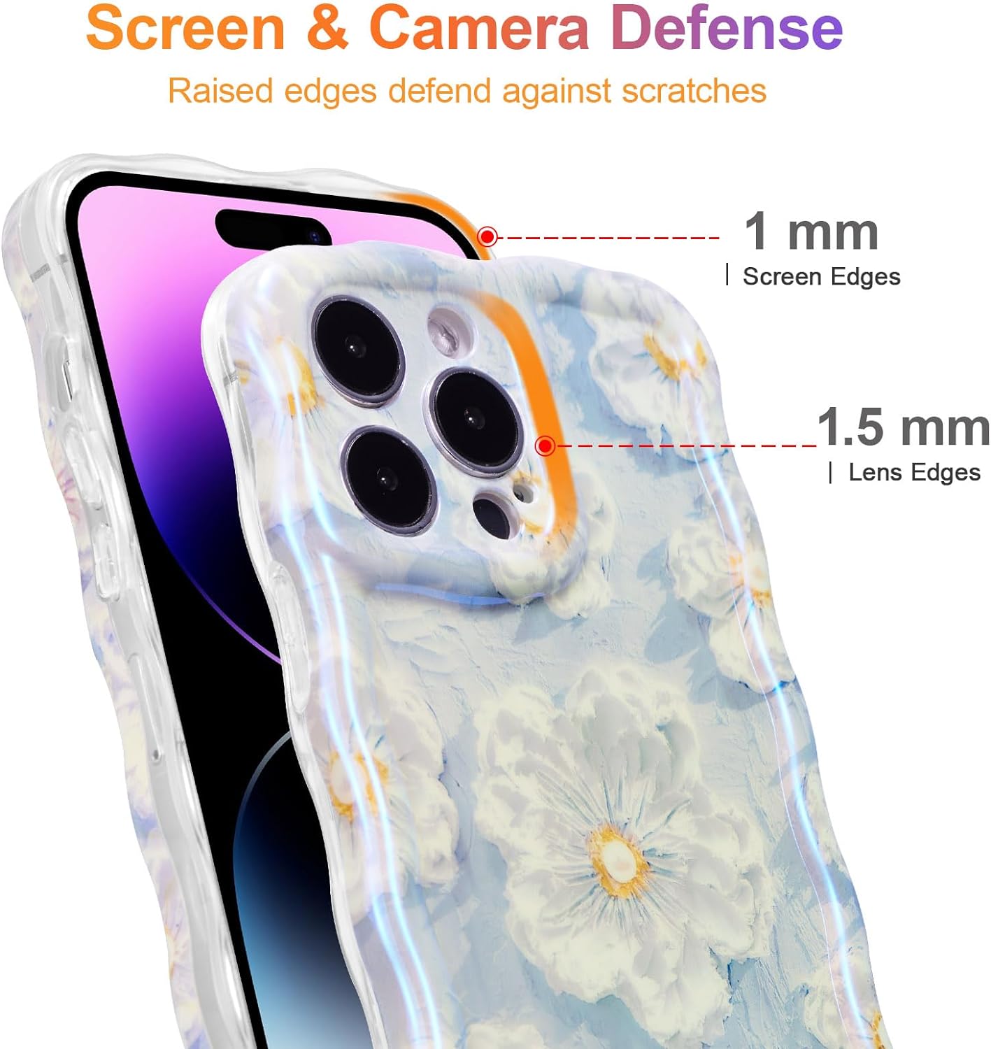 Wellemp Case for iPhone 15 Pro Max, Colorful Retro Oil Painting Printed Flower Laser Glossy Pattern Cute Curly Wave Edge Exquisite Phone Cover Stylish Durable TPU Protective Case for Girls Women