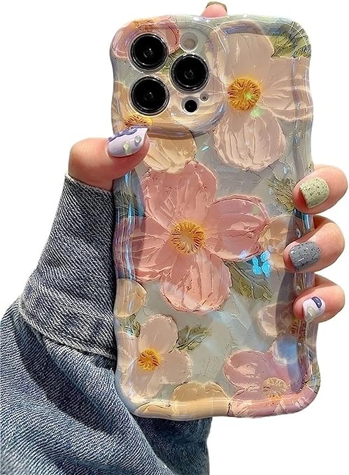 Wellemp Case for iPhone 15 Pro Max, Colorful Retro Oil Painting Printed Flower Laser Glossy Pattern Cute Curly Wave Edge Exquisite Phone Cover Stylish Durable TPU Protective Case for Girls Women