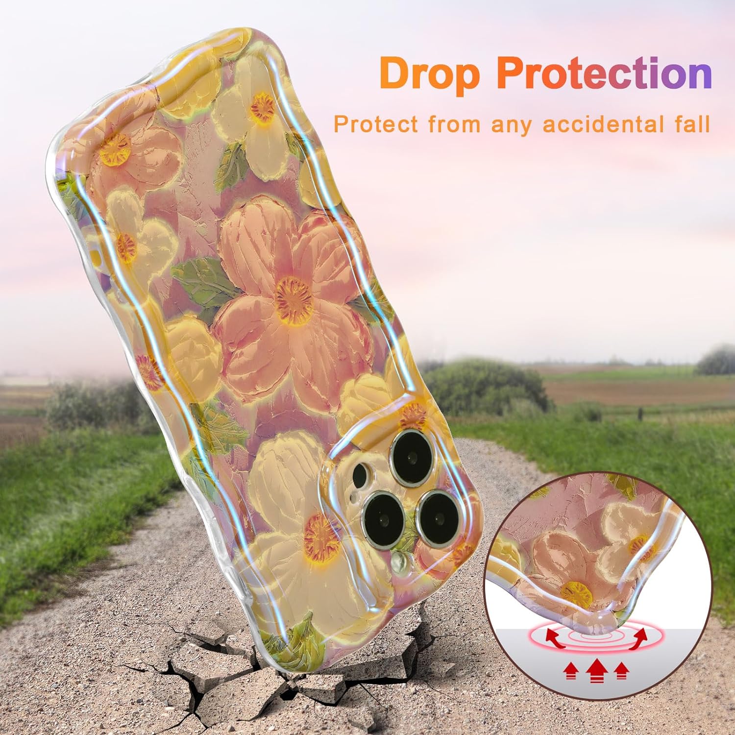 Wellemp Case for iPhone 15 Pro Max, Colorful Retro Oil Painting Printed Flower Laser Glossy Pattern Cute Curly Wave Edge Exquisite Phone Cover Stylish Durable TPU Protective Case for Girls Women