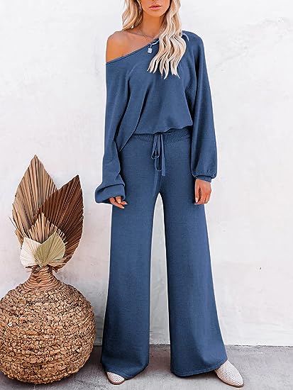 Ekouaer Knit Lounge Sets for Women 2 Piece Cozy Long Sleeve Pullover Sweater Top and Wide Leg Pants Set Pajamas Outfits