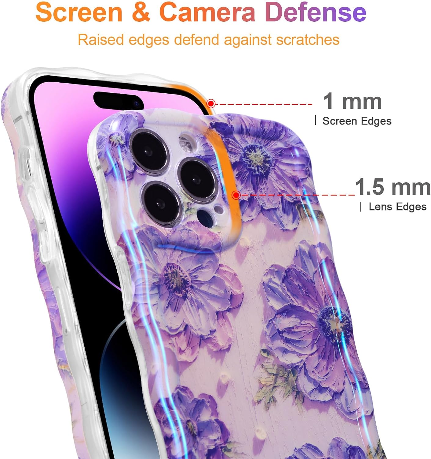 Wellemp Case for iPhone 15 Pro Max, Colorful Retro Oil Painting Printed Flower Laser Glossy Pattern Cute Curly Wave Edge Exquisite Phone Cover Stylish Durable TPU Protective Case for Girls Women