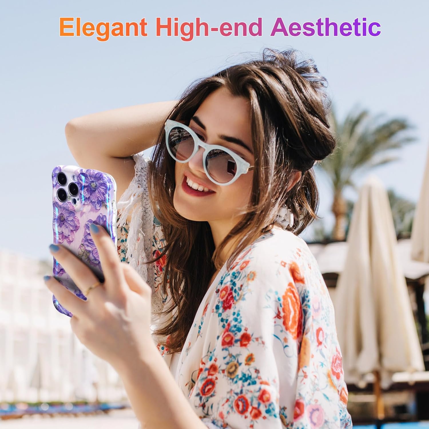 Wellemp Case for iPhone 15 Pro Max, Colorful Retro Oil Painting Printed Flower Laser Glossy Pattern Cute Curly Wave Edge Exquisite Phone Cover Stylish Durable TPU Protective Case for Girls Women