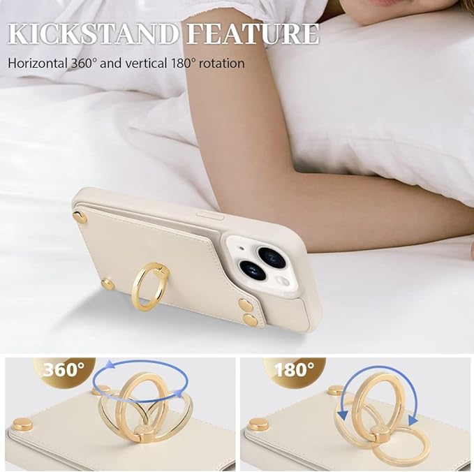 LAMEEKU Wallet Case Compatible with iPhone 14, Case with Card Holder, RFID Blocking Leather Cover 360°Rotation Ring Kickstand Protective Bumper Designed for Apple iPhone 14 6.1'' (2022) Beige