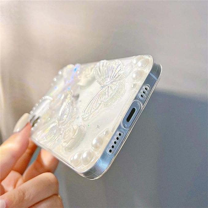 Fycyko Compatible for iPhone 11 3D Butterfly Floral Clear with Design Aesthetic Women Teen Girls Glitter Pretty Crystal Sparkle Sparkly Cute Girly Phone Cases Protective Cover+Pearl Chain-Clear