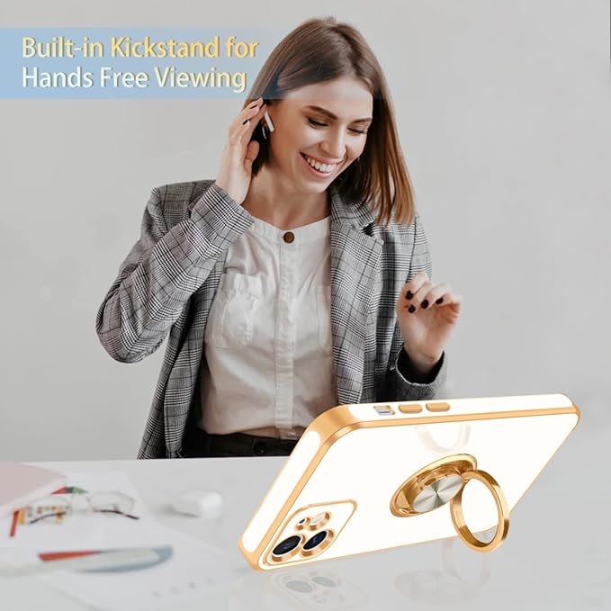 Fingic iPhone 12 Case with 360° Rotatable Ring Holder Magnetic Kickstand, Shiny Plating Gold Edge, Slim Soft TPU Shockproof Protective Cover for Women, Men, White