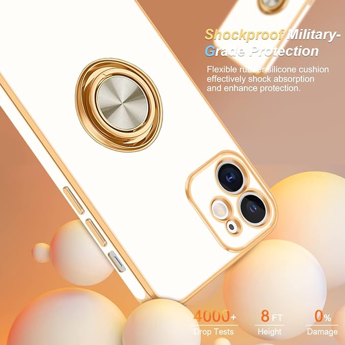 Fingic iPhone 12 Case with 360° Rotatable Ring Holder Magnetic Kickstand, Shiny Plating Gold Edge, Slim Soft TPU Shockproof Protective Cover for Women, Men, White