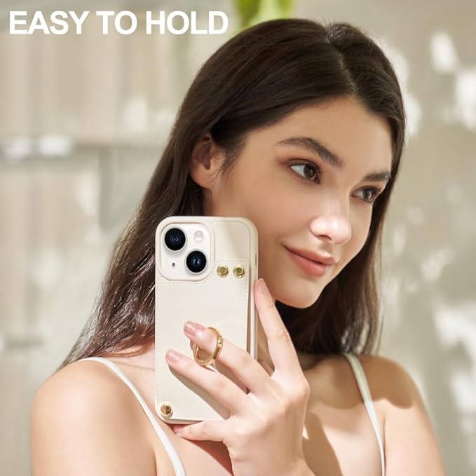 LAMEEKU Wallet Case Compatible with iPhone 14, Case with Card Holder, RFID Blocking Leather Cover 360°Rotation Ring Kickstand Protective Bumper Designed for Apple iPhone 14 6.1'' (2022) Beige