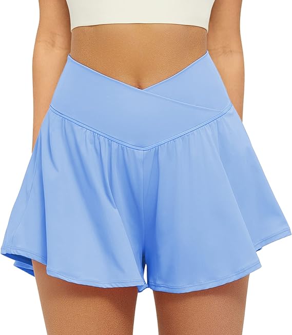 Crossover Athletic Shorts for Women 2 in 1 Flowy Running Shorts with Pockets Spandex Butterfly Workout Tennis Skorts