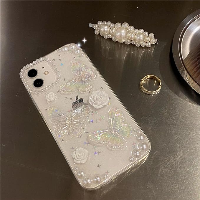 Fycyko Compatible for iPhone 11 3D Butterfly Floral Clear with Design Aesthetic Women Teen Girls Glitter Pretty Crystal Sparkle Sparkly Cute Girly Phone Cases Protective Cover+Pearl Chain-Clear