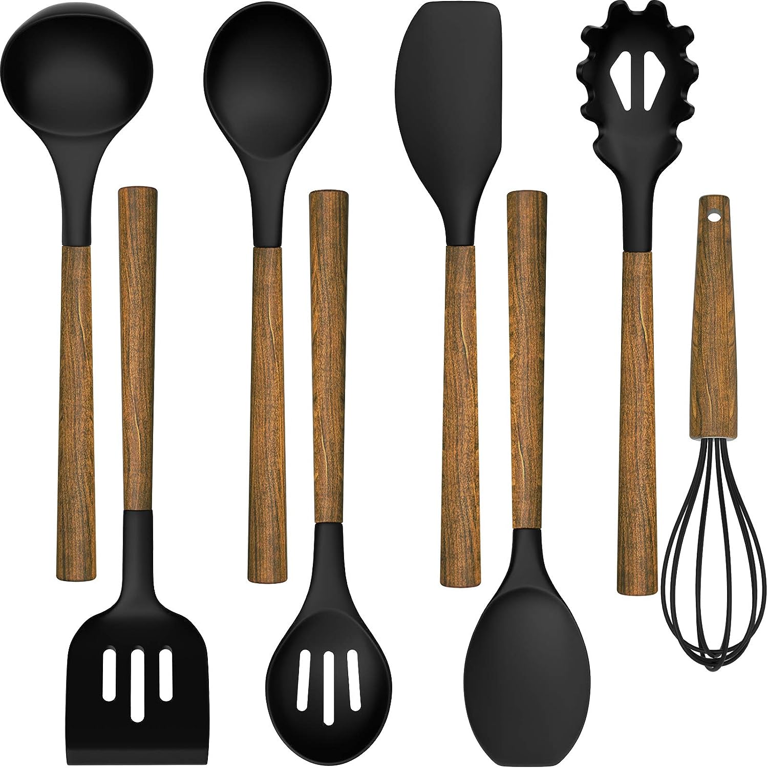 Silicone Cookware Set with Natural Wood Handles, Food Grade Silicone Head - Silicone Kitchen Gadget Spatula Set for Non-Stick Cookware - Black