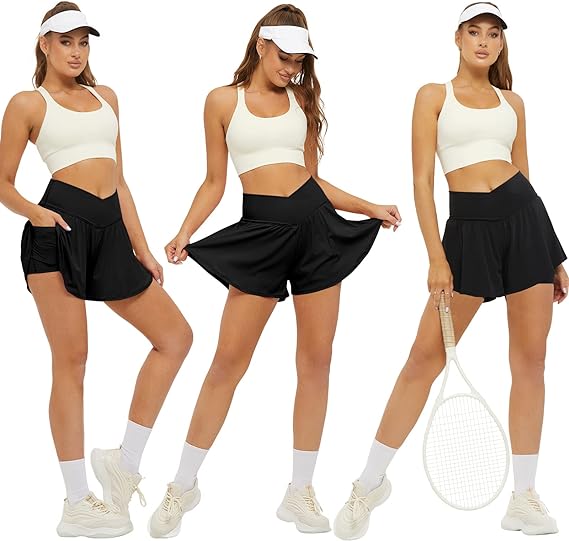 Crossover Athletic Shorts for Women 2 in 1 Flowy Running Shorts with Pockets Spandex Butterfly Workout Tennis Skorts