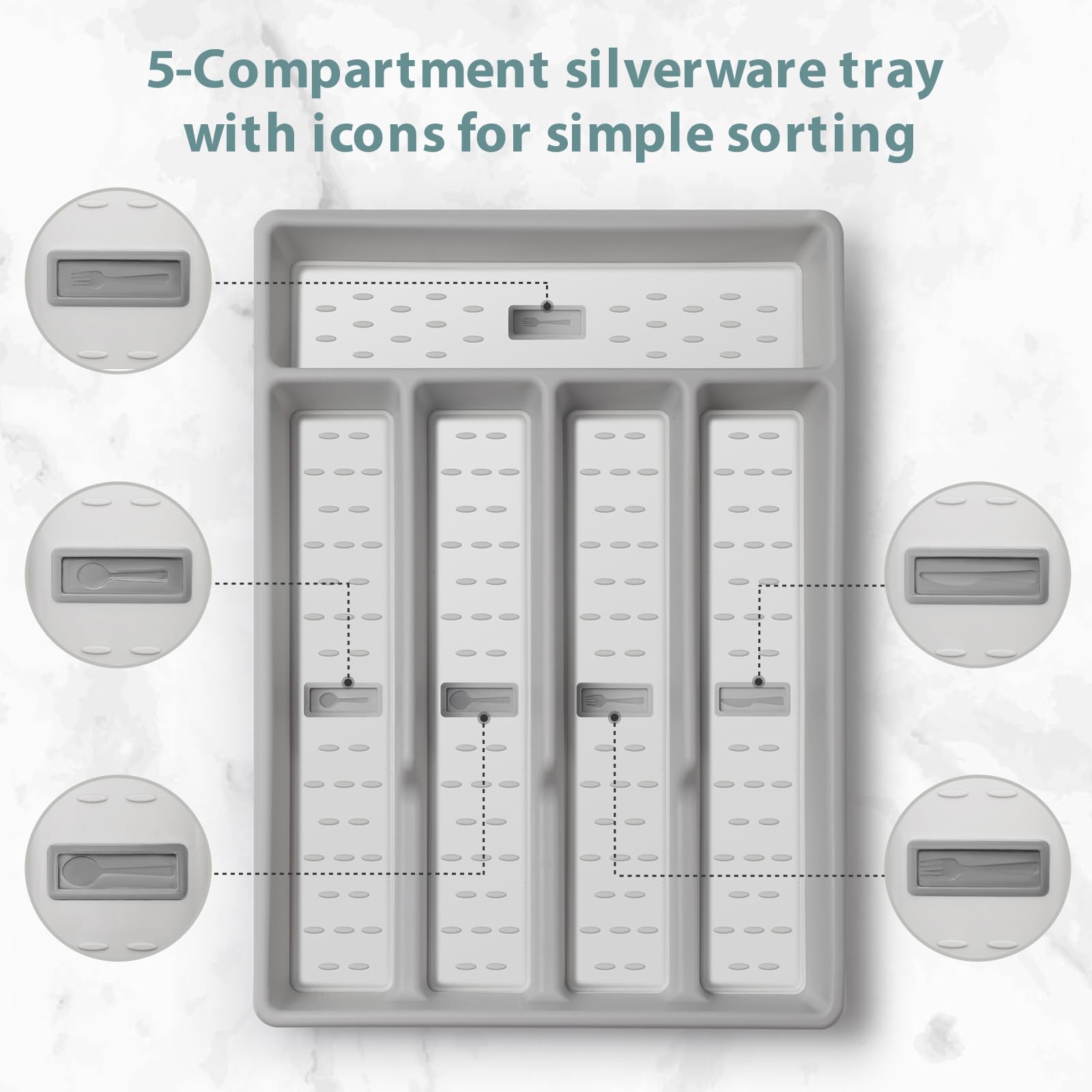 Silverware Organizer，Plastic Cutlery silverware Tray for Drawer,Fits Standard Drawer,5-Compartment,White