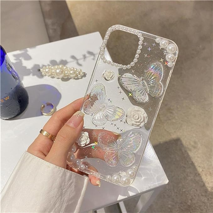 Fycyko Compatible for iPhone 11 3D Butterfly Floral Clear with Design Aesthetic Women Teen Girls Glitter Pretty Crystal Sparkle Sparkly Cute Girly Phone Cases Protective Cover+Pearl Chain-Clear