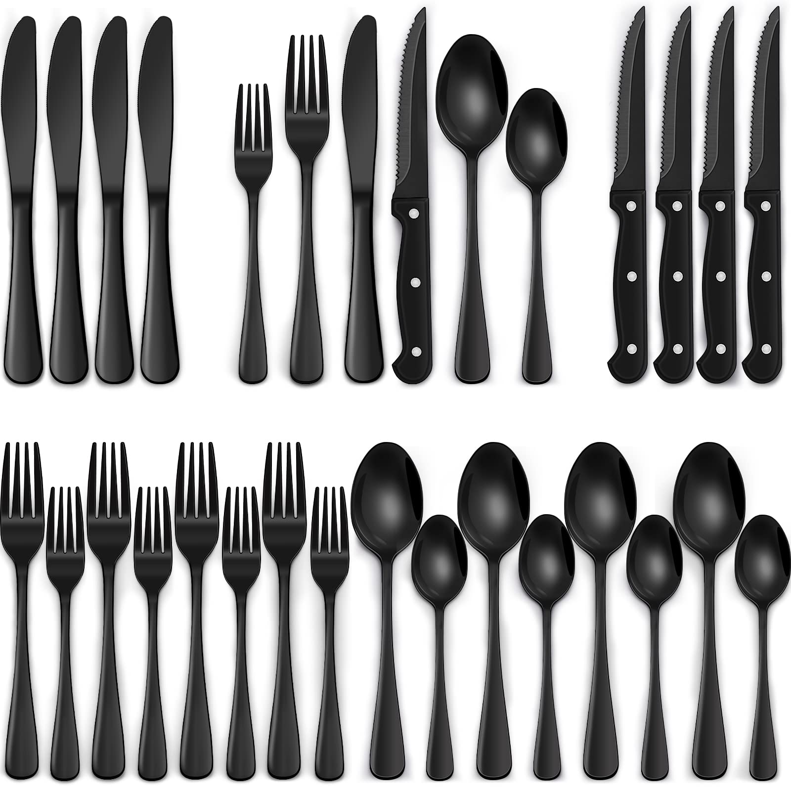 24 piece black silverware set, black dinnerware set for 4, food grade stainless steel flatware set