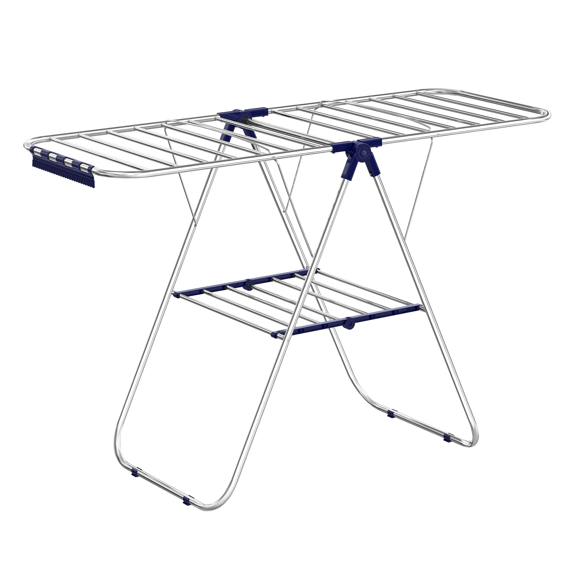 Stainless steel gull-wing space-saving clothes drying rack, foldable for easy storage, silver