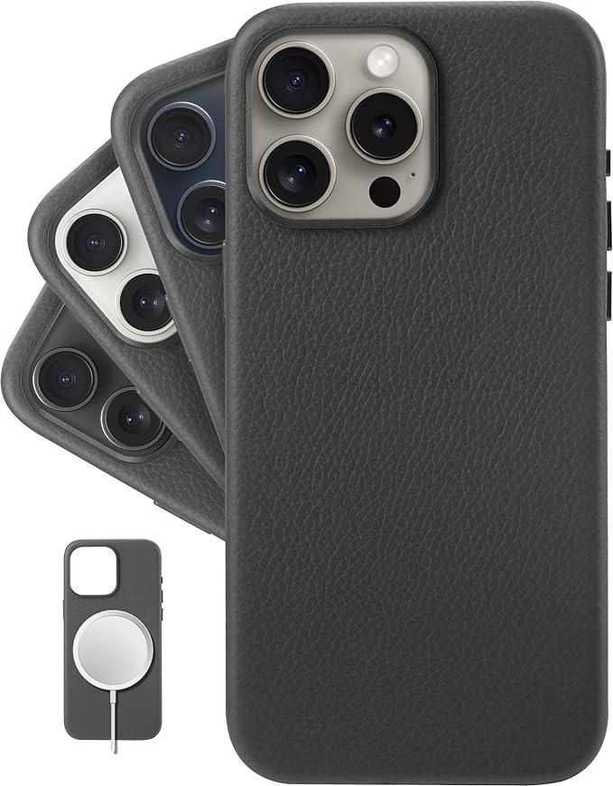 iPhone 15 Pro Max - European Genuine Pebble Leather Phone Case with Aluminium Camera Frame [Compatible with Magsafe] - Silver Gray