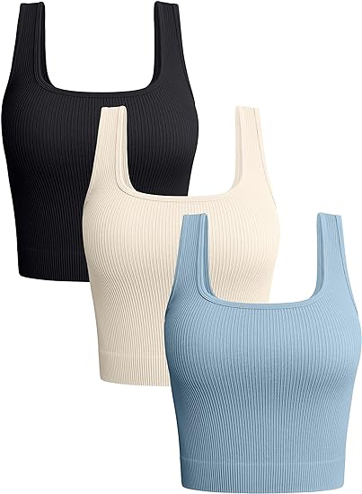 Women's 3 Piece Tank Tops Ribbed Seamless Workout Exercise Shirts Yoga Crop Tops