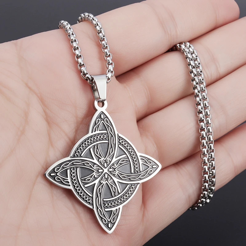 Stainless Steel Silver Color Pattern Witch Knot Pendant Necklace Celtic Knot Lucky Jewelry Gift for Friends Family