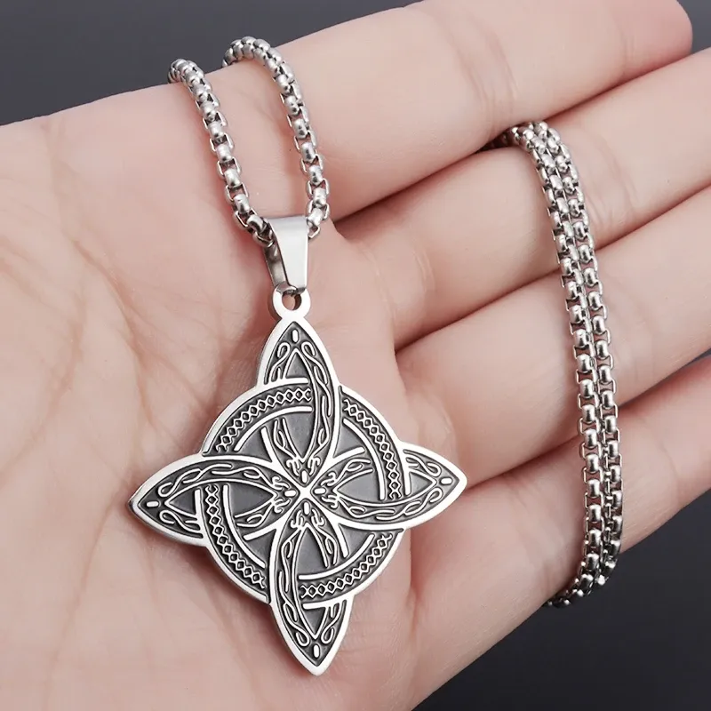 Stainless Steel Silver Color Pattern Witch Knot Pendant Necklace Celtic Knot Lucky Jewelry Gift for Friends Family