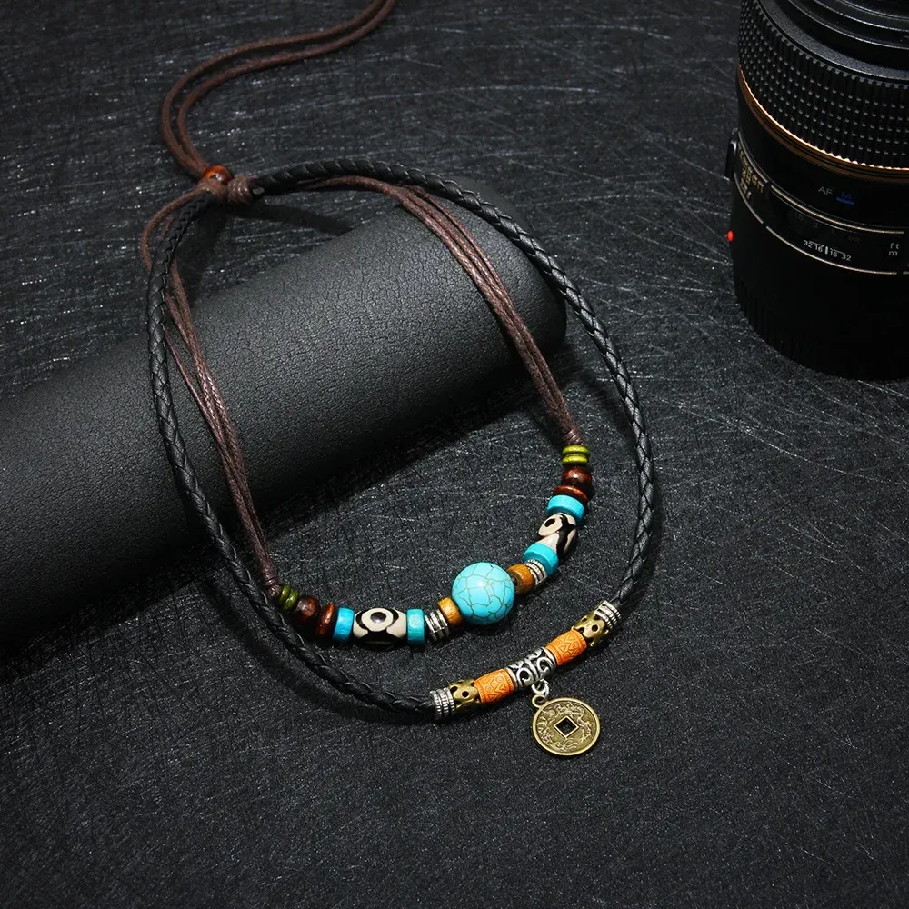 2 Layers Leather Rope Necklace Vintage Necklace Ancient Tribe Man Hemp Leather Bead Choker Charm Wax Rope Faux Leather