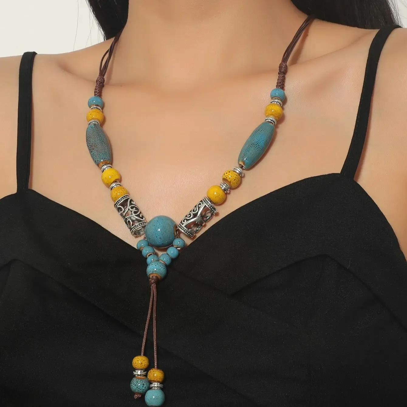 1 simple temperament beaded ceramic necklace lady exaggerated tassel necklace holiday seaside casual necklace