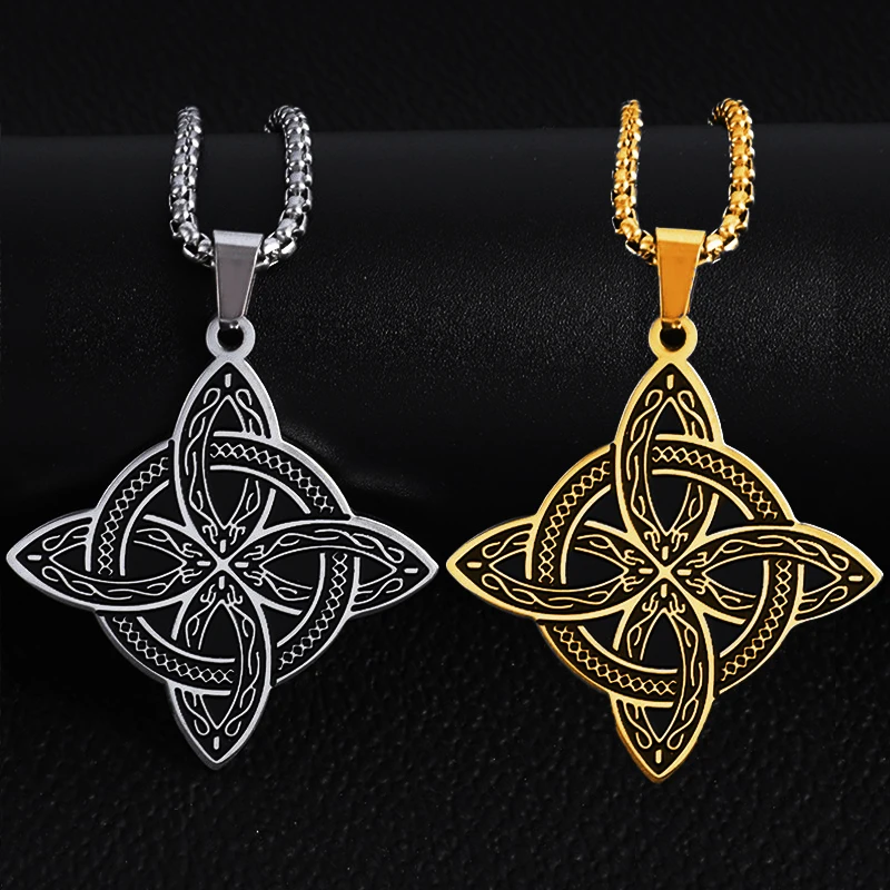 Stainless Steel Silver Color Pattern Witch Knot Pendant Necklace Celtic Knot Lucky Jewelry Gift for Friends Family