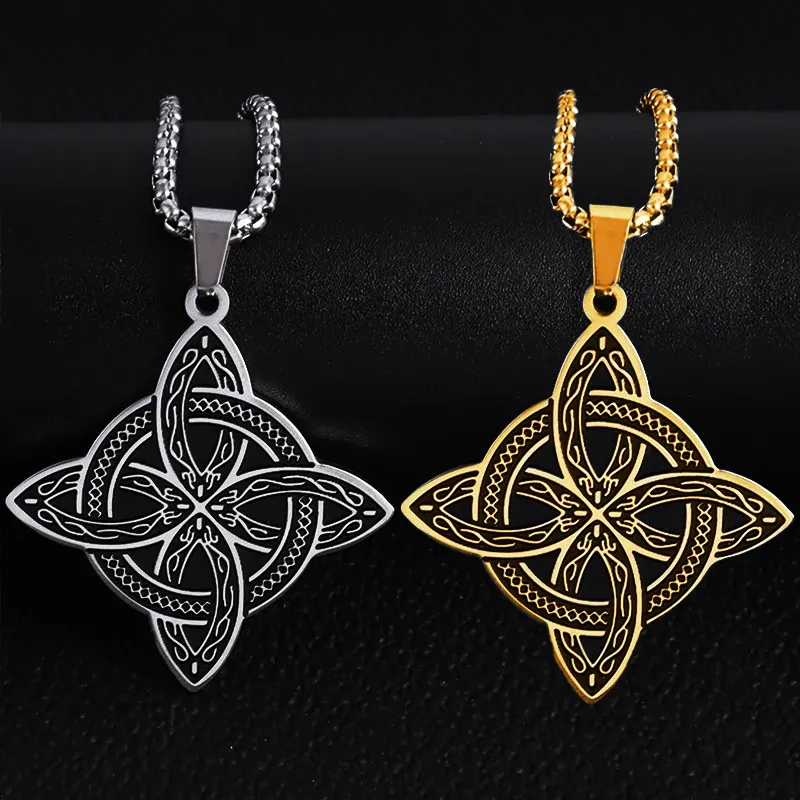 Stainless Steel Silver Color Pattern Witch Knot Pendant Necklace Celtic Knot Lucky Jewelry Gift for Friends Family