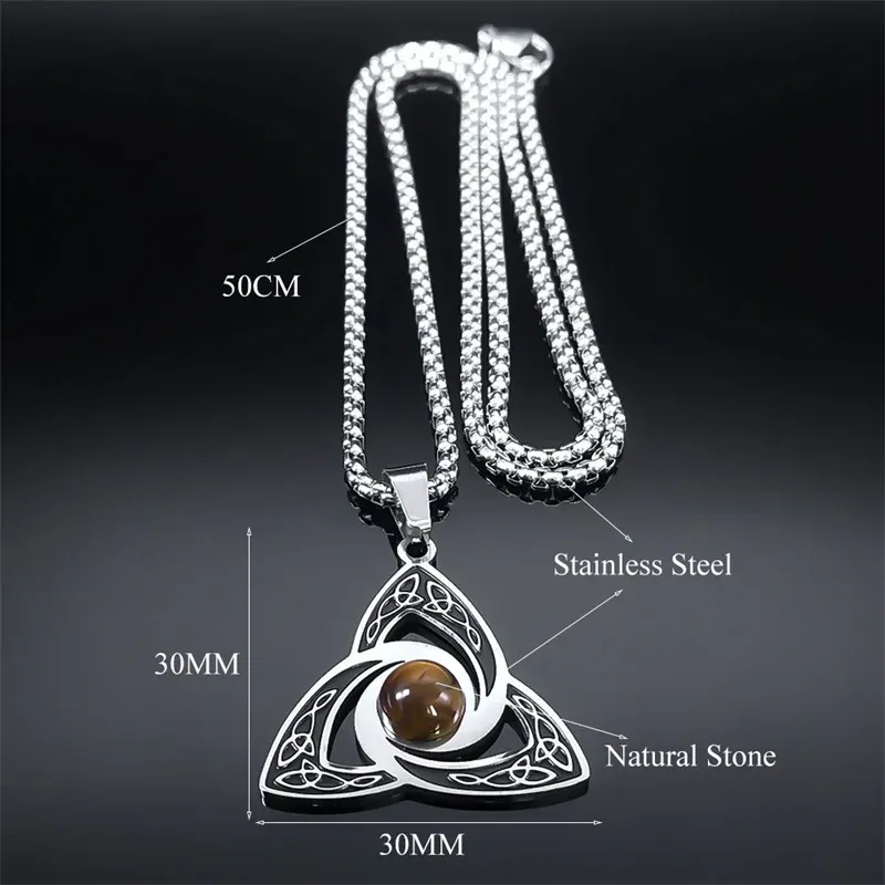 Viking Trinity Knot Necklace for Women Men Stainless Steel Tiger Eye Stone Irish Celtic Lucky Amulet Necklaces Jewelry N3806S02