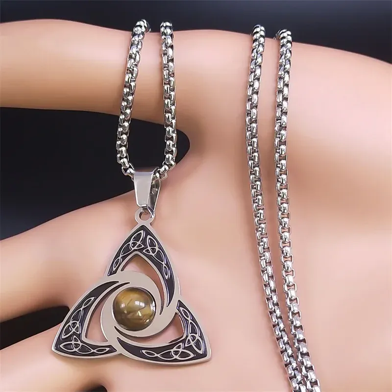 Viking Trinity Knot Necklace for Women Men Stainless Steel Tiger Eye Stone Irish Celtic Lucky Amulet Necklaces Jewelry N3806S02