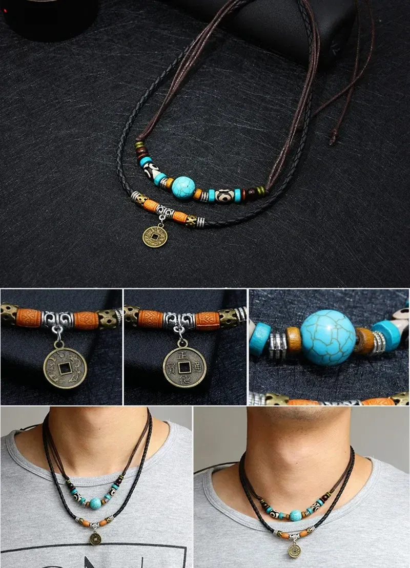 2 Layers Leather Rope Necklace Vintage Necklace Ancient Tribe Man Hemp Leather Bead Choker Charm Wax Rope Faux Leather