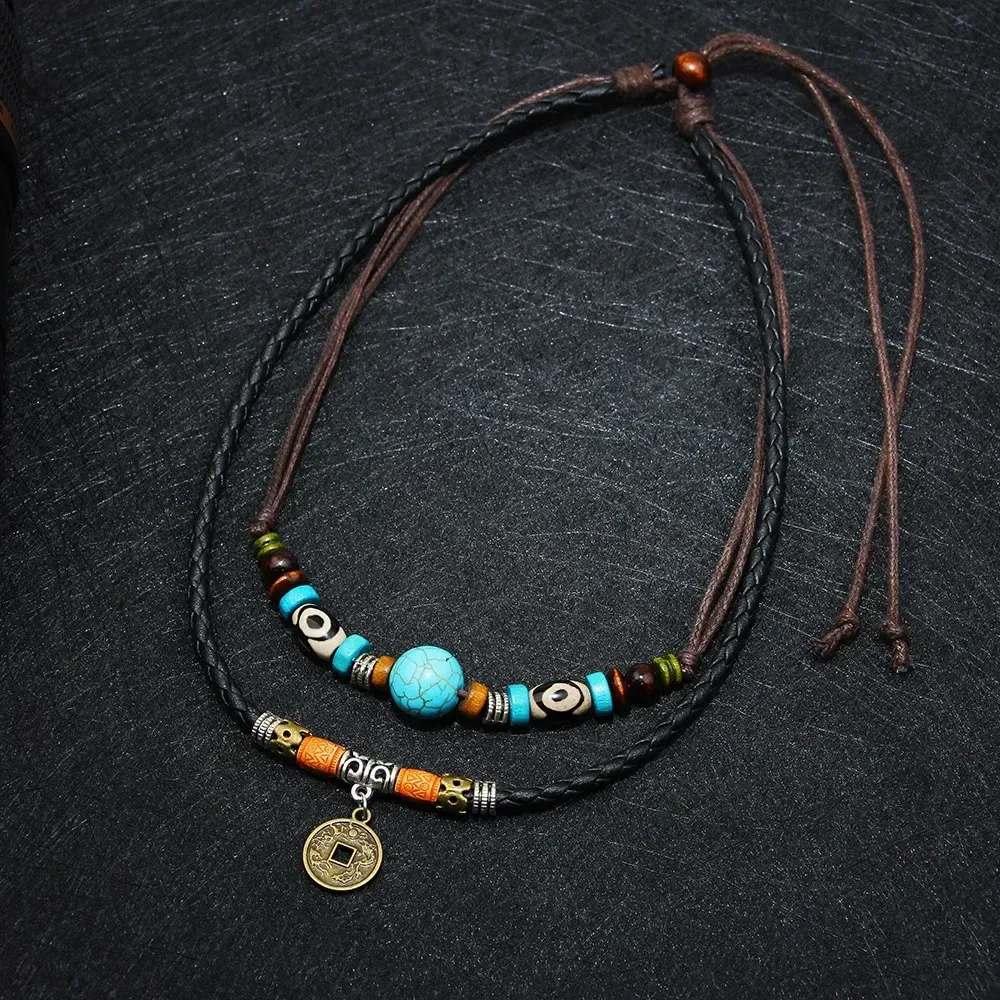 2 Layers Leather Rope Necklace Vintage Necklace Ancient Tribe Man Hemp Leather Bead Choker Charm Wax Rope Faux Leather
