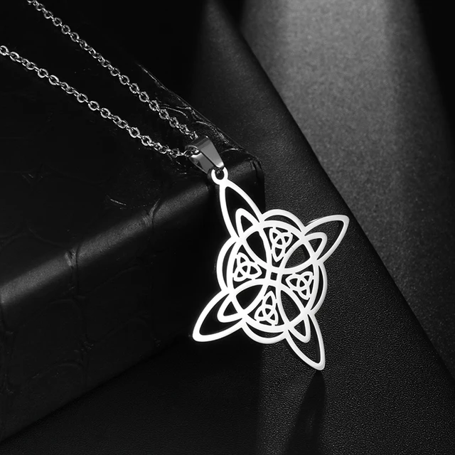 Stainless Steel Silver Color Pattern Witch Knot Pendant Necklace Celtic Knot Lucky Jewelry Gift for Friends Family