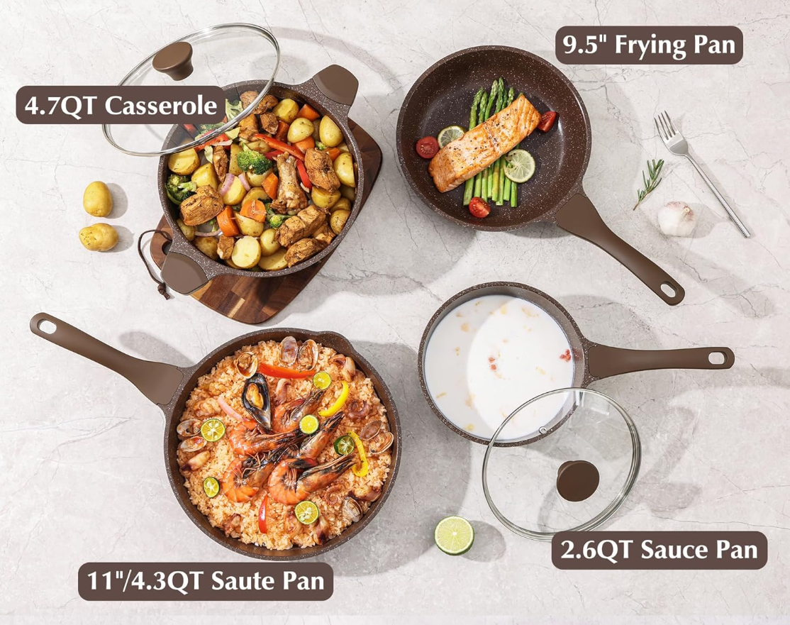 Nonstick Cookware Set 13-Piece, Healthy Pots and Pans Set Non-toxic Kitchen Cooking Set with Granite Coating, Stay-Cool Handles, Silicone Utensils and Pot Protectors, PFOA Free