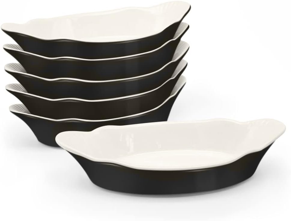 Set of 6, for Banana Split, Oven and Microwave Safe, Dishwasher Safe, Ceramic Serving Dishes, Lasagna & Cobblers, Individual Serving, 12 oz (Black)