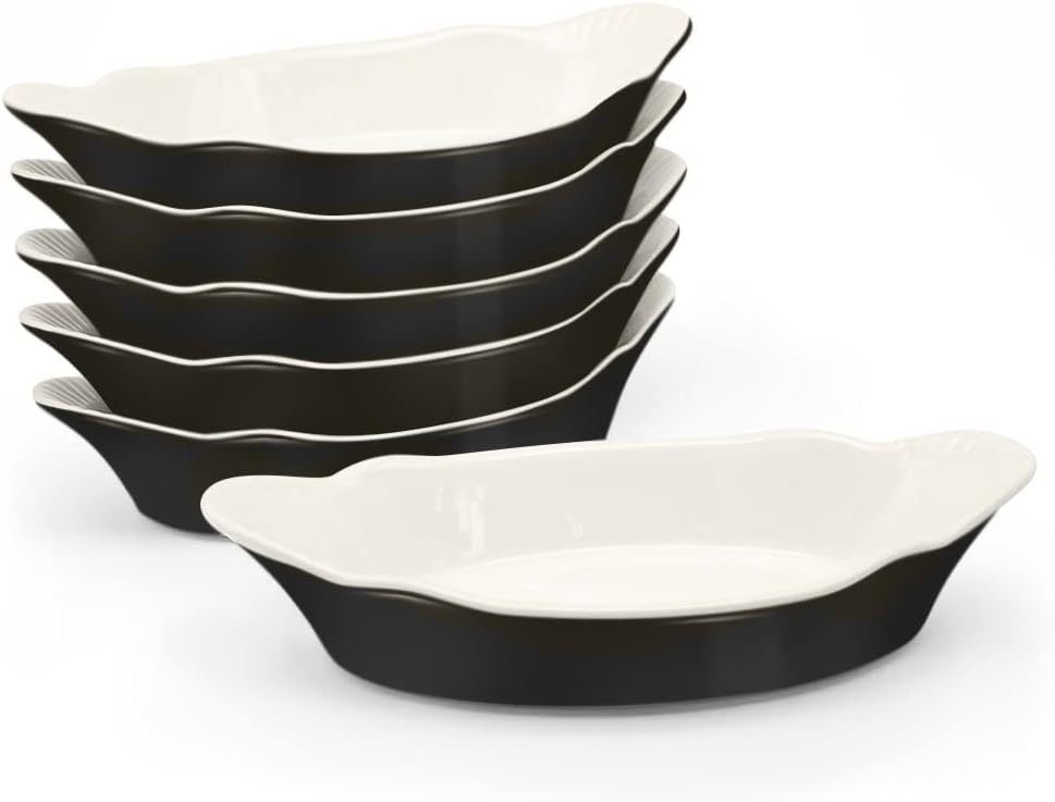 Set of 6, for Banana Split, Oven and Microwave Safe, Dishwasher Safe, Ceramic Serving Dishes, Lasagna & Cobblers, Individual Serving, 12 oz (Black)