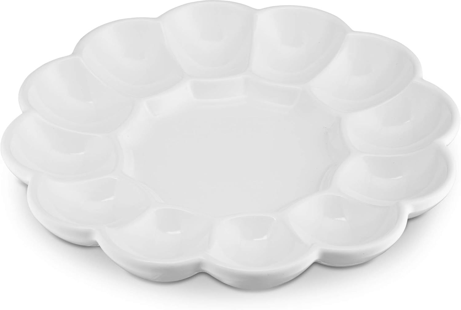 Deviled Egg Platter Tray, Ceramic Easter Egg Holder, Holds 12 Eggs, Ceramic Dish, Display Holder, Dishwasher Safe, Microwave Safe, freezer Safe, Sleek, 10 Inch Diameter, White