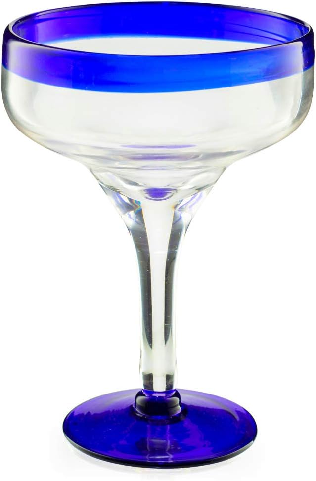 Set of 4 Large 16oz, Cobalt Blue Rim Line, Luxury Margarita & Cocktail Glasses, Mexico Design Large 16oz