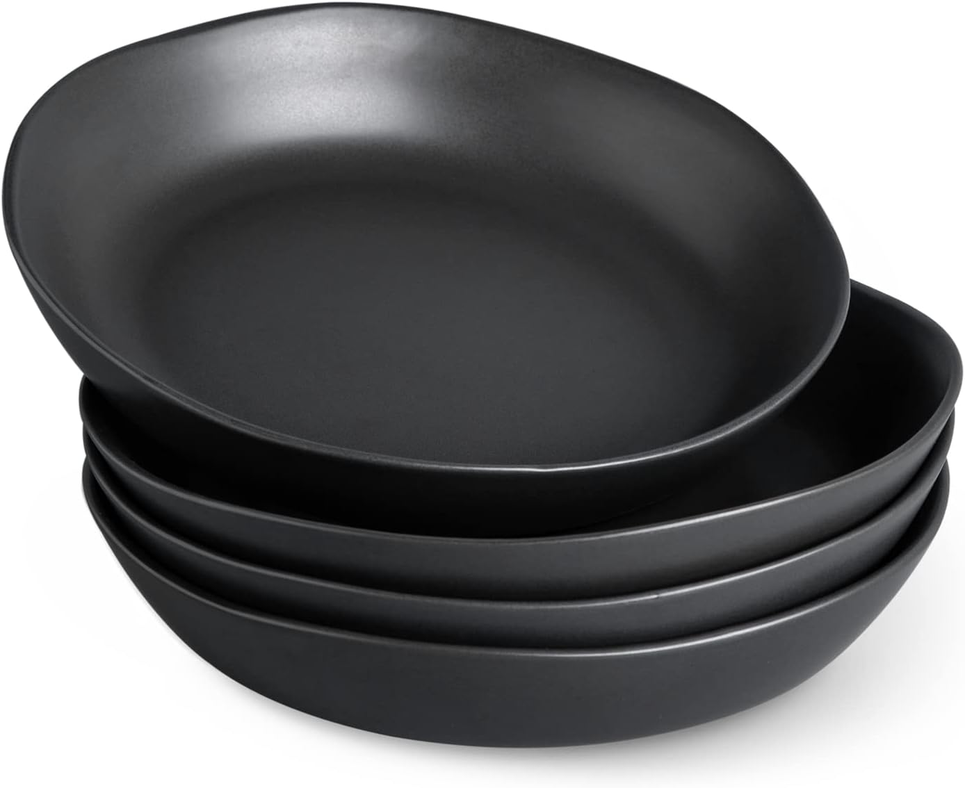 9.75'' Ceramic Large Pasta Bowls, 38oz Stoneware Flat Serving Bowls Set of 4, Oven,Microwave&Dishwasher Safe Bowls with Wavy Rim for Fruit Pasta Salad Meal, Matte Black