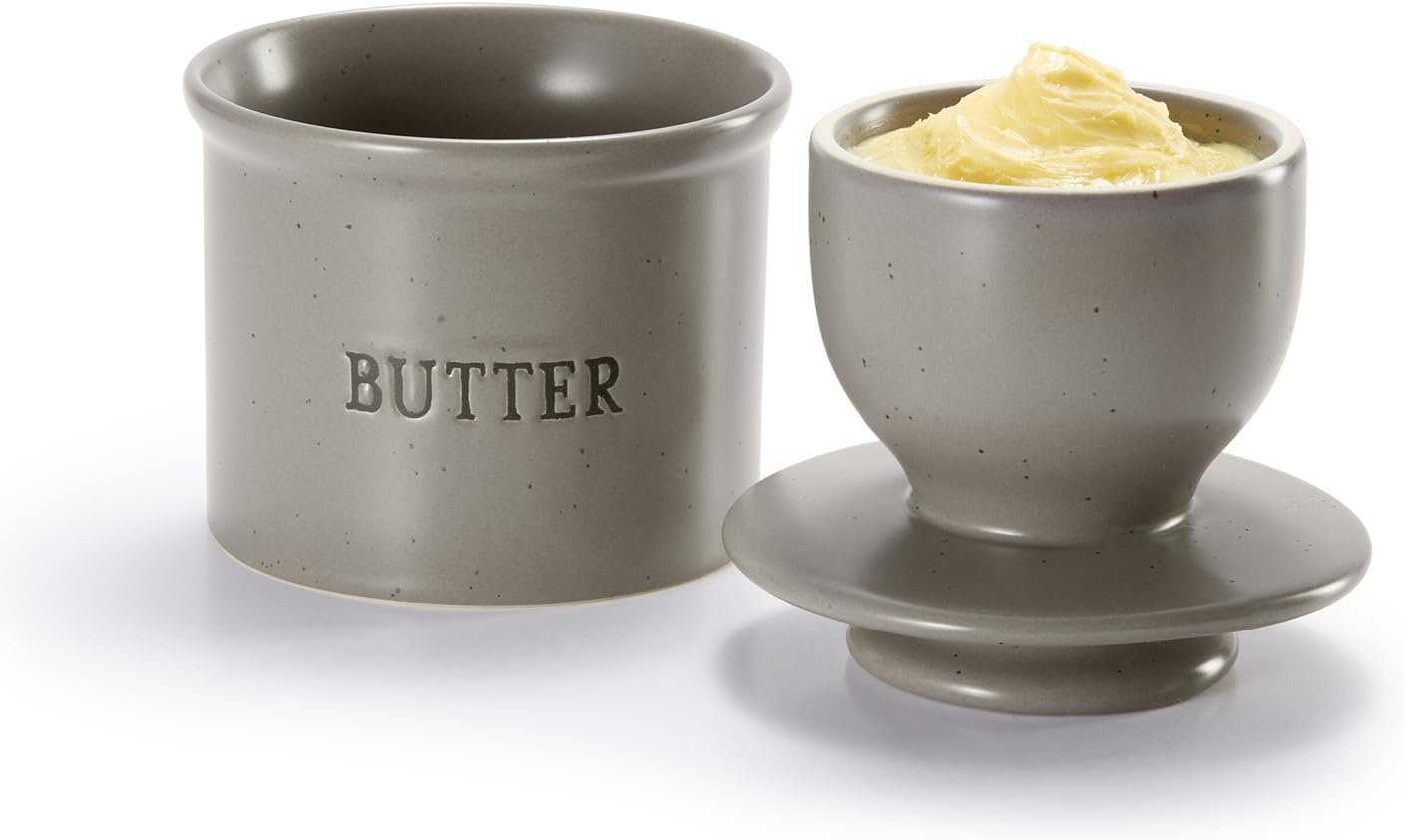 Butter Keeper Dish, French Ceramic Crock For Counter With Lid, Embossed Container, For Soft Butter