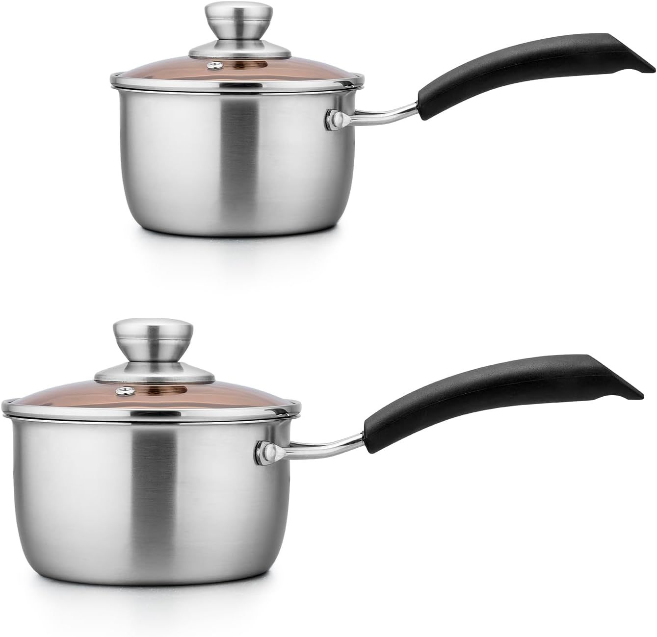 1qt & 2qt Saucepan with Lid, Stainless Steel Small Cooking Pot, Milk Sauce Pan with Long Handle for Home Kitchen, Non-Toxic & Heavy-Duty, Multi-use & Dishwasher Safe