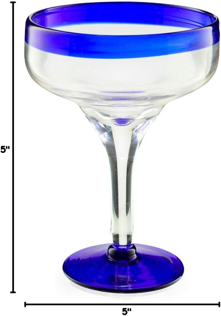 Set of 4 Large 16oz, Cobalt Blue Rim Line, Luxury Margarita & Cocktail Glasses, Mexico Design Large 16oz