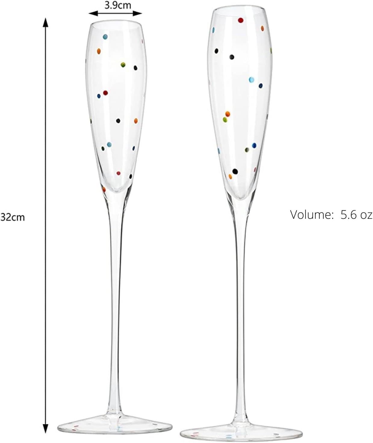 Polka Dot Champagne Flutes Glass 5.6oz Set of 2 Toasting Glasses, Wedding Party Champagne Cocktail Polka Dot