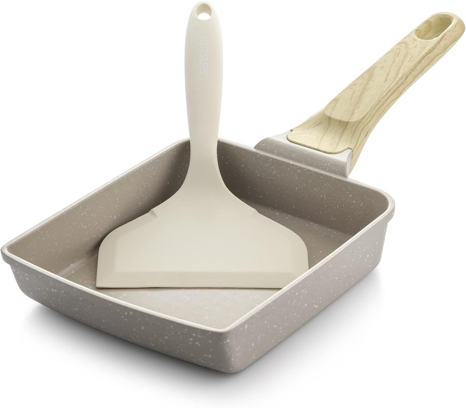 Japanese Omelette Pan, Tamagoyaki Egg Pan, Nonstick Frying Pan with Spatula, Healthy Granite Cookware, PFOS & PFOA Free, 6" x 7" (White)