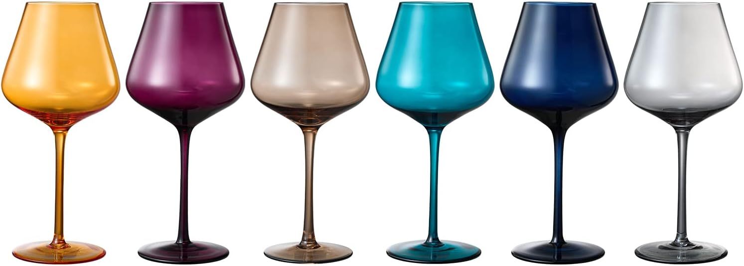 Jewel Colored Crystal Wine Glass Set of 6, Gift For Mothers, Her, Wife, Friend - Winter & Fall Colors 20 oz Glasses